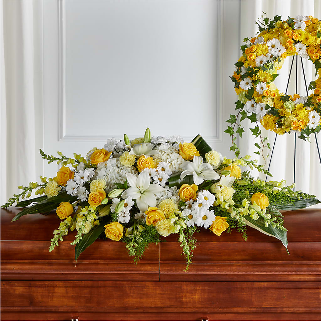 Golden Harmony Casket Spray – Pavilions, Pleasanton CA