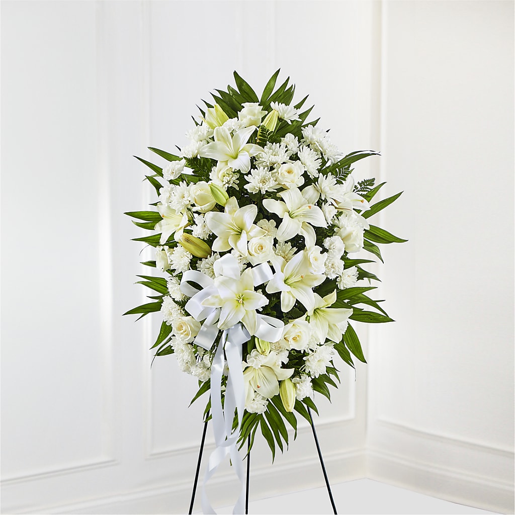 Exquisite Tribute Standing Spray-White Ribbon – Pavilions, Pleasanton CA