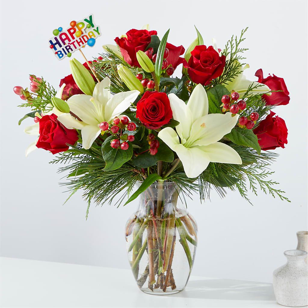 Evergreen Delight Bouquet & Happy Birthday Topper – Pavilions, Pleasanton CA