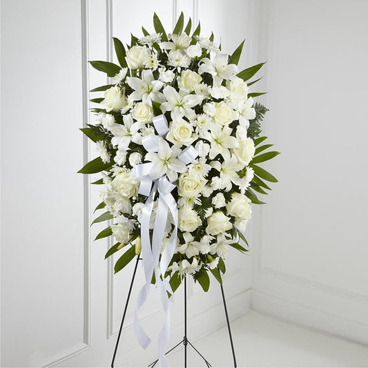 Exquisite Tribute Standing Spray-White Ribbon –  Pavilions, Pleasanton CA